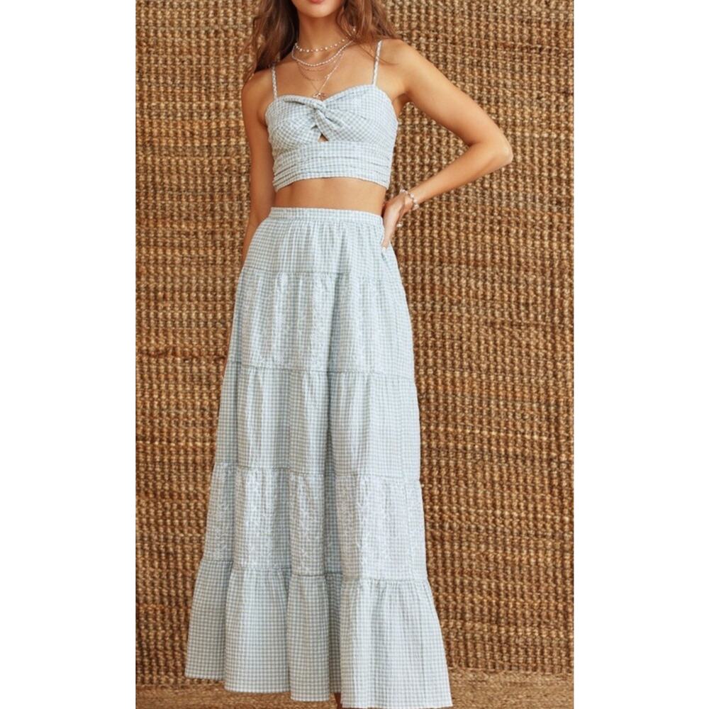 Altar'd State Gingham Two Piece Set Green White Crop Top Maxi Skirt S/M